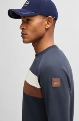 Equestrian stretch-cotton sweatshirt with block stripes, Dark Blue