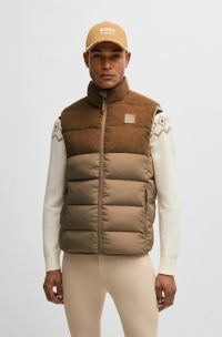 Equestrian waterproof padded gilet with corduroy panel, Beige