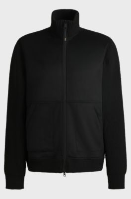 Veste d&rsquo;&eacute;quitation en similicuir su&eacute;d&eacute; avec finitions en maille, Noir