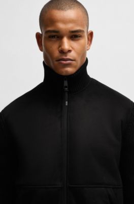 Veste d&rsquo;&eacute;quitation en similicuir su&eacute;d&eacute; avec finitions en maille, Noir