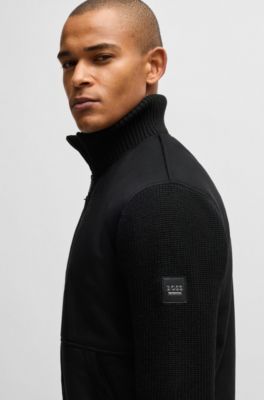 Veste d&rsquo;&eacute;quitation en similicuir su&eacute;d&eacute; avec finitions en maille, Noir