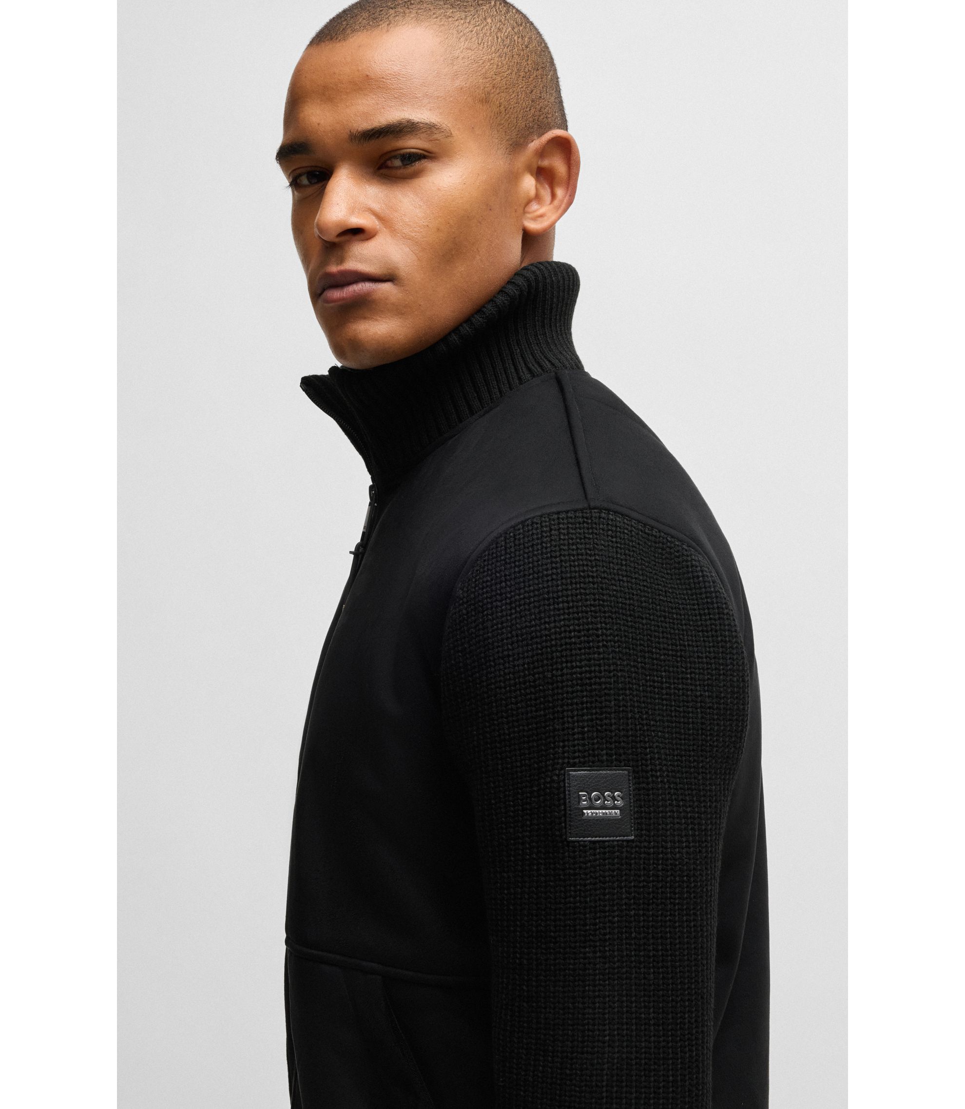 BOSS - 乗馬 フェイクスエード ジャケット ニットトリム - ブラック