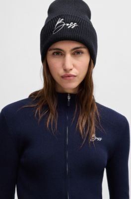 Geribbelde beanie met logostiksel voor de ruitersport, Donkerblauw