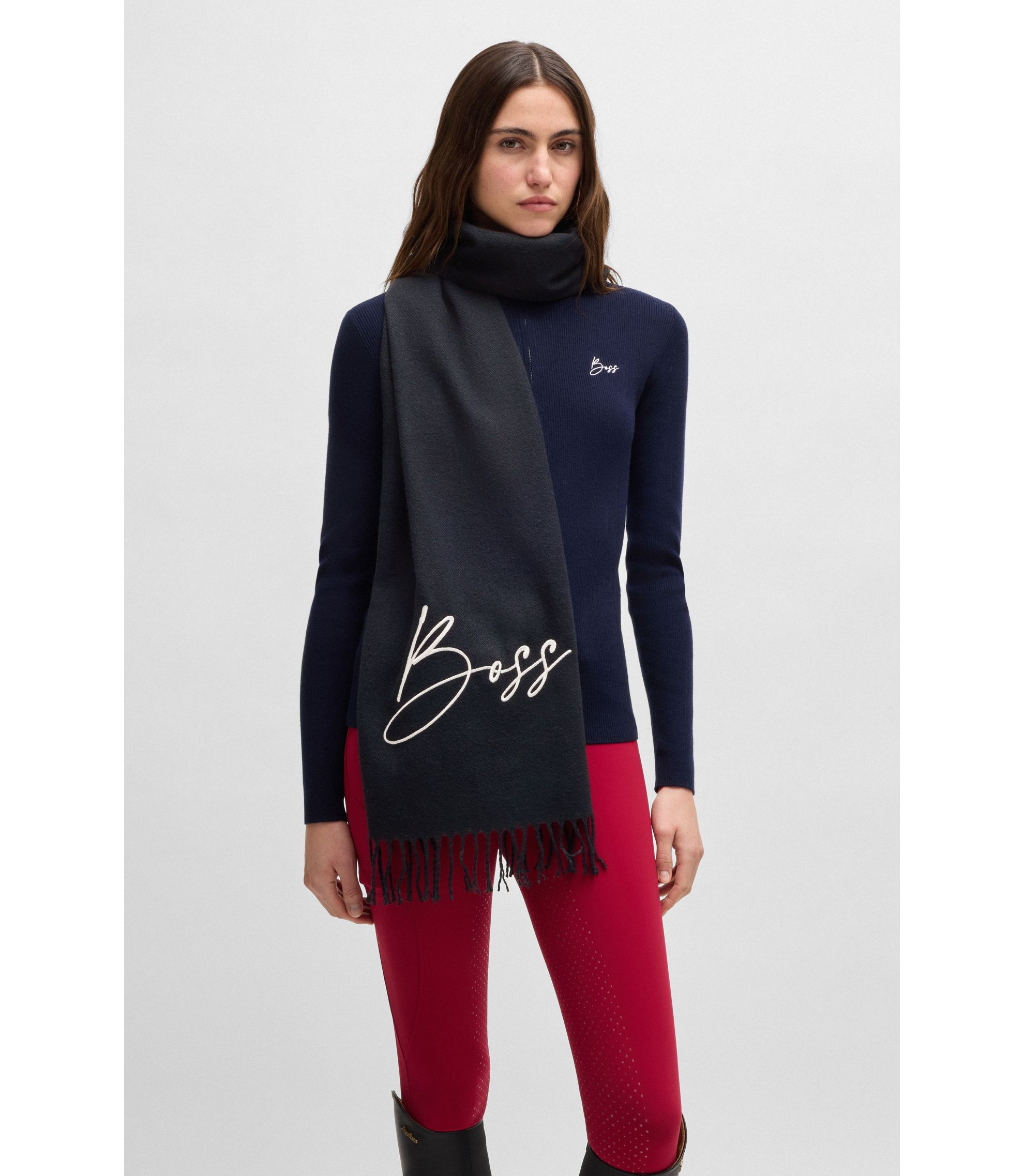 BOSS - 乗馬 マフラー ロゴエンブロイダリー - ダークブルー