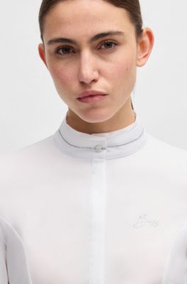Slim-Fit Reitsport-Turnierbluse mit Kristall-Details, Wei&szlig;