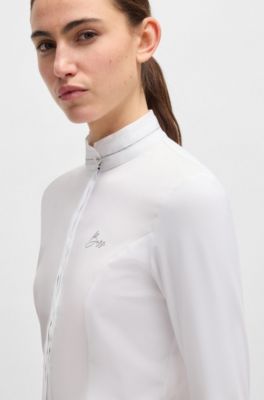 Slim-Fit Reitsport-Turnierbluse mit Kristall-Details, Wei&szlig;