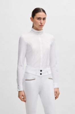 Slim-Fit Reitsport-Turnierbluse mit Kristall-Details, Wei&szlig;