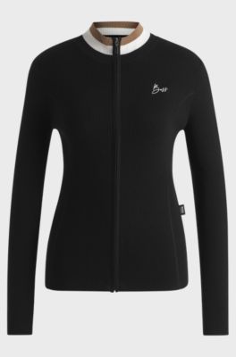 Slim-Fit Reitsport-Strickjacke mit Rippstruktur, Schwarz