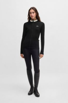 Slim-Fit Reitsport-Strickjacke mit Rippstruktur, Schwarz