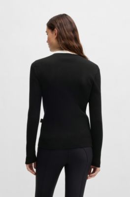 Equestrian slim-fit cardigan with ribbed structure, Black
