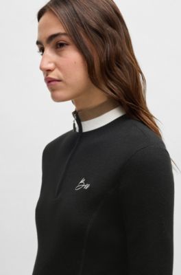 Maglione da equitazione con lavorazione a coste e colletto con zip, Nero