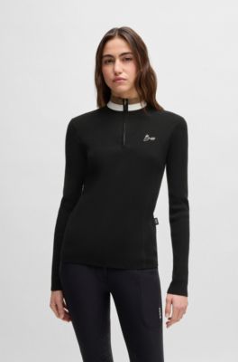 Maglione da equitazione con lavorazione a coste e colletto con zip, Nero