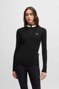 Reitsport-Pullover mit Rippstruktur und Troyerkragen, Schwarz