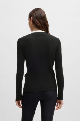 Maglione da equitazione con lavorazione a coste e colletto con zip, Nero