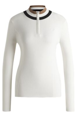 Equestrian zip-neck sweater with ribbed structure, White