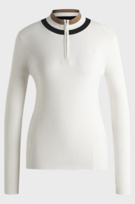Equestrian zip-neck sweater with ribbed structure, Natural