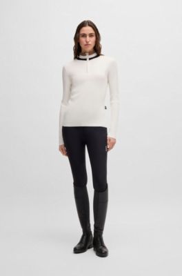 Equestrian zip-neck sweater with ribbed structure, White