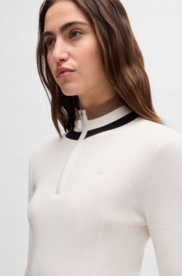 Equestrian zip-neck sweater with ribbed structure, White