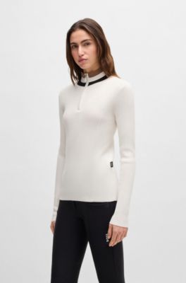 Equestrian zip-neck sweater with ribbed structure, White