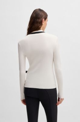 Equestrian zip-neck sweater with ribbed structure, White
