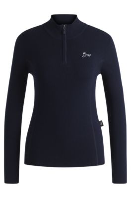 Equestrian zip-neck sweater with ribbed structure, Dark Blue