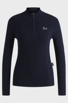 Equestrian zip-neck sweater with ribbed structure, Dark Blue