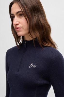 Equestrian zip-neck sweater with ribbed structure, Dark Blue