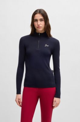 Jersey para equitaci&oacute;n con cuello con cremallera y estructura de canal&eacute;, Azul oscuro