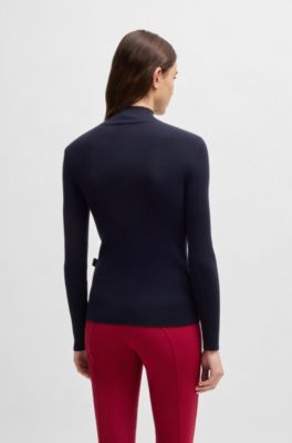 Equestrian zip-neck sweater with ribbed structure, Dark Blue