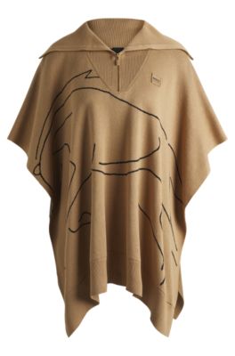 Equestrian cotton-blend cape with abstract intarsia, Beige
