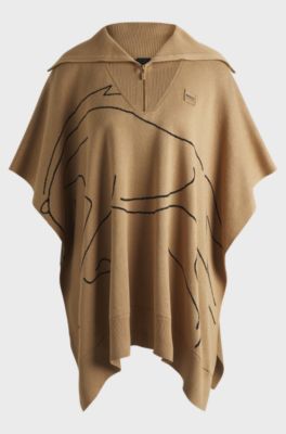 Equestrian cotton-blend cape with abstract intarsia, Beige