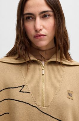 Equestrian cotton-blend cape with abstract intarsia, Beige