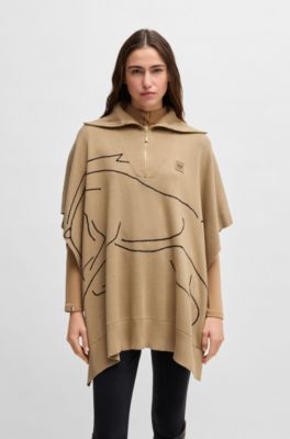 Equestrian cotton-blend cape with abstract intarsia, Beige