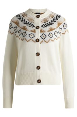 Ride-cardigan med strikket m&oslash;nster, Hvid