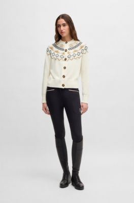 Equestrian cardigan with knitted pattern, White