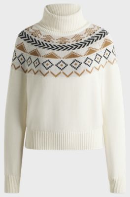 Equestrian rollneck sweater with knitted pattern, White