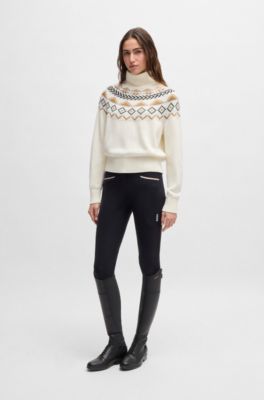 Equestrian rollneck sweater with knitted pattern, White