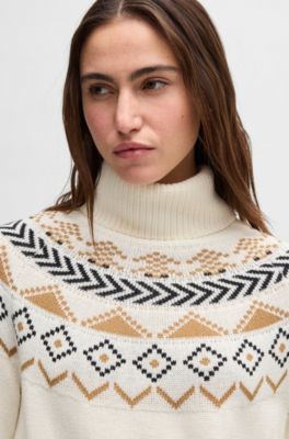 Equestrian rollneck sweater with knitted pattern, White