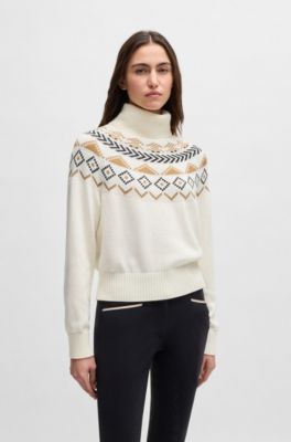 Equestrian rollneck sweater with knitted pattern, White