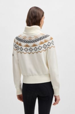Equestrian rollneck sweater with knitted pattern, White