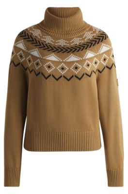 Equestrian rollneck sweater with knitted pattern, Beige