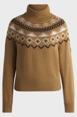 Equestrian rollneck sweater with knitted pattern, Beige