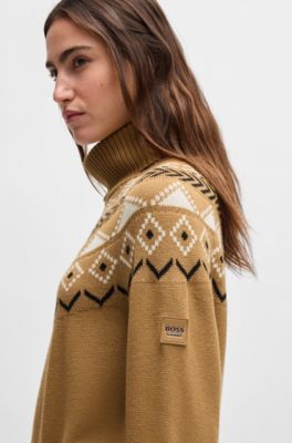 Equestrian rollneck sweater with knitted pattern, Beige