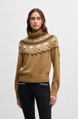 Equestrian rollneck sweater with knitted pattern, Beige