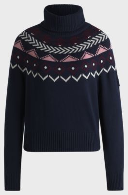Equestrian rollneck sweater with knitted pattern, Dark Blue