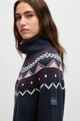 Equestrian rollneck sweater with knitted pattern, Dark Blue