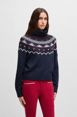 Equestrian rollneck sweater with knitted pattern, Dark Blue