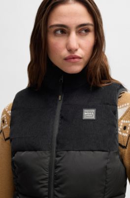 Doudoune d&rsquo;&eacute;quitation imperm&eacute;able sans manches avec finition en velours c&ocirc;tel&eacute;, Noir