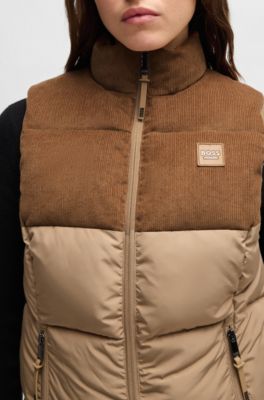 Equestrian waterproof gilet with corduroy trim, Beige