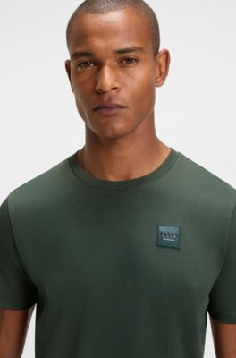 T-shirt da equitazione in cotone elasticizzato con patch logo, Verde scuro